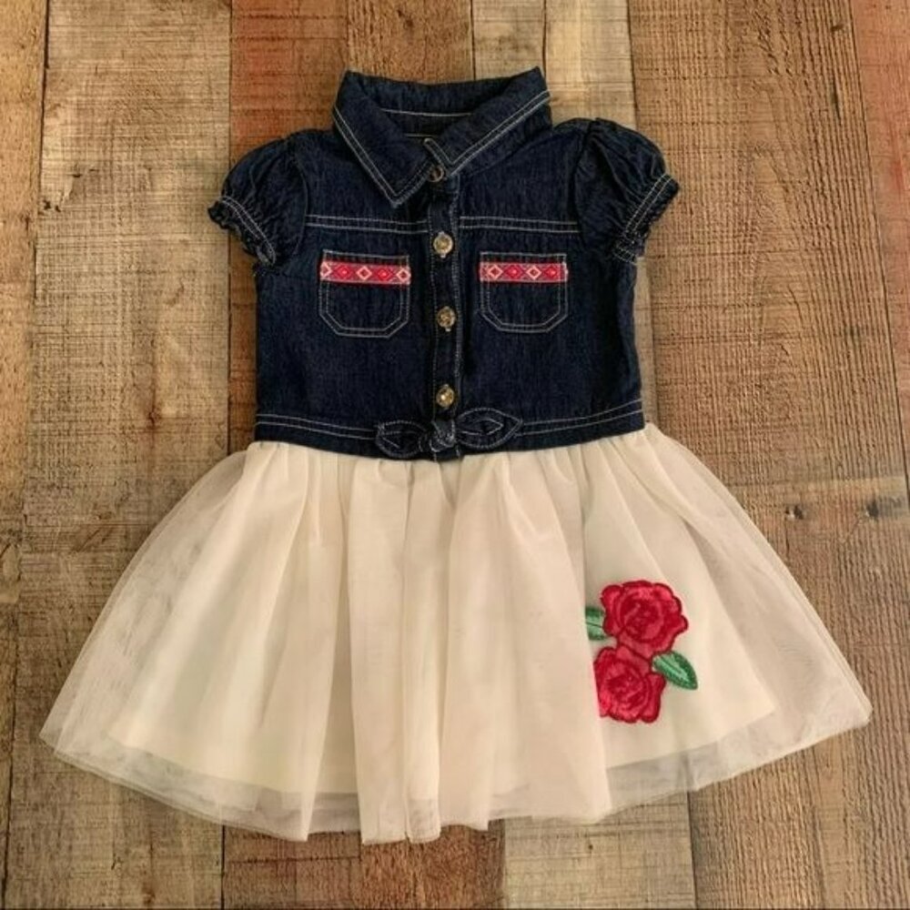 Nannette Kids Girls Size 2T Denim And Tulle Dress With Embroidered Roses